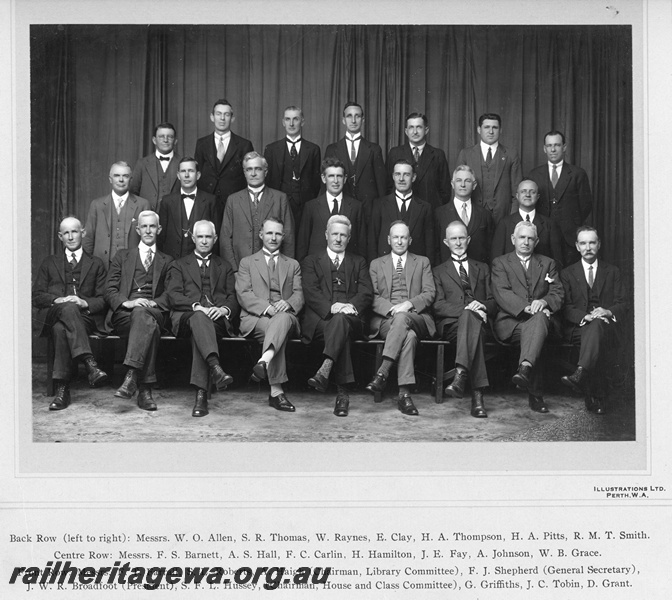 P10503
The W. A. Railways and Tramways Institute Council group photo, Back row: W. O. Allen, S.R. Thomas, W. Raynes, E. Clay, H. A. Thompson, H. A. Pitts, R. M. T. Smith, Centre row: F. S. Barnett, A. S. Hall, F. C. Carlin, H. Hamilton, J. E. Fay, A. Johnson, W. B. Grace, Front row: F. T. Farrell, S. L. Roberts, A. Haigh, F. J. Shepard, J. W. R. Broadfoot, S. F. L. Hussey, G. Griffiths, J. C. Tobin, D. Grant. (Original photo located in C43A07)
