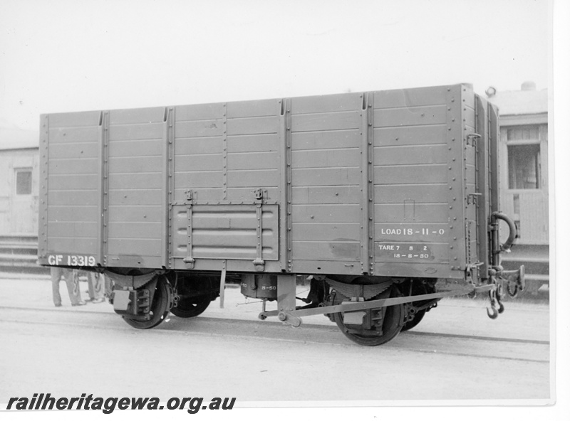 P10515
GF class 13319 high sided open wagon pictured at Midland. This wagon was designed for haulage of fertiliser and was later converted to a ZF class 4 wheeled brakevan. Note the side chains and improved yoke coupler.
