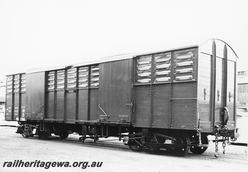 P10524
VDA class 23161 covered van pictured at Midland after overhaul. End and side view of wagon. Note the safety chains in use with the NCDA coupler.
