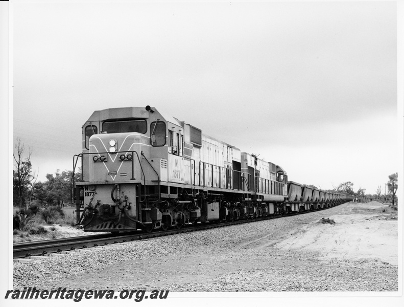 P10534
2 of 2 N class 1877 diesel locomotive hauling a bauxite train between Kwinana to Mundijong. Front and side view of locomotive.
