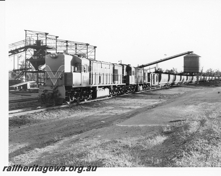 P10539
RA class 1915 diesel locomotive loading a rake of XG class coal hoppers destined for SEC at Kwinana. Front and side view of leading locomotive. See P10537.
