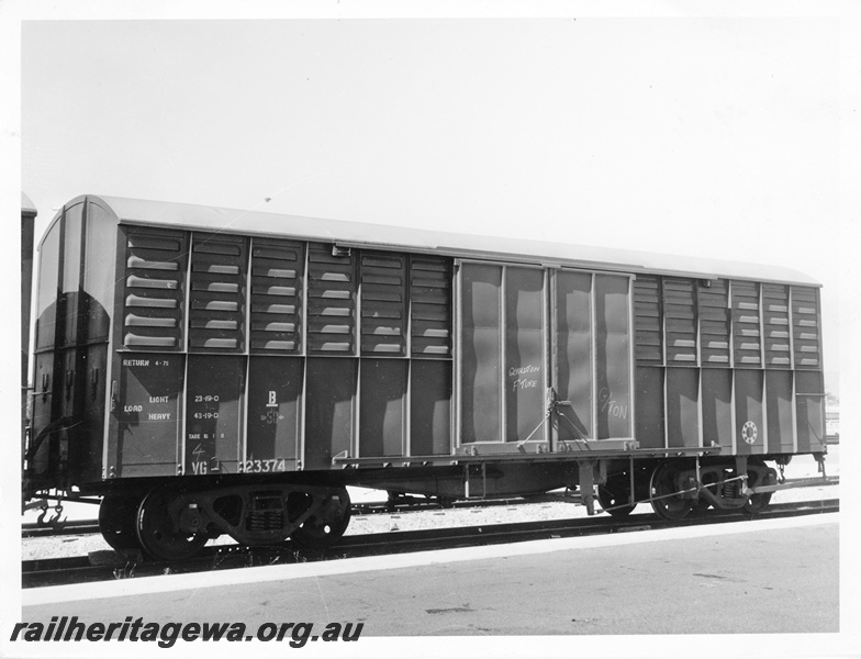 P10544
VG class 23374 all steel covered van, one of 40 built during 1971, pictured at Forrestfield. Side view of wagon.
