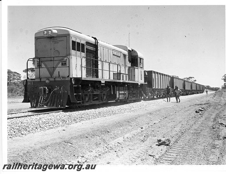 P10608
H class 1 standard gauge diesel locomotive hauling a ballast train while being unloaded possibly near Hampton.
