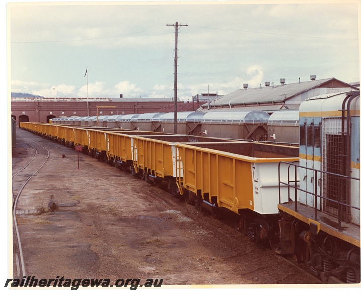 P10617
View of Midland Workshops yard, western end, depicting a rake of WOB class standard gauge ore wagons alongside a rake of ex-XNG class narrow gauge salt hoppers converted to XN class to haul coal.
