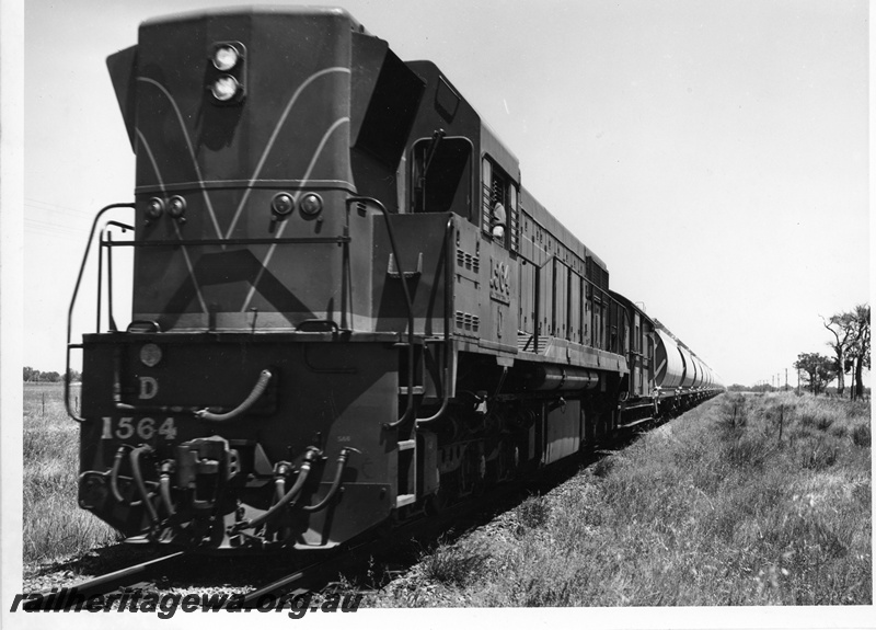 P10684
D class 1564 narrow gauge diesel locomotive at the head of an empty alumina train between Kwinana and Mundijong.

