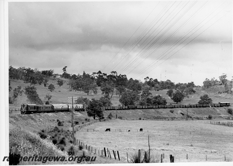 P10690
An unidentified C class narrow gauge diesel locomotive at the head of a goods train in the Darling Ranges enroute to Northam. ALT 5, Track Recorder (Dynometer Car) together with 2 coaches at the end of the goods wagons. See P0566.
