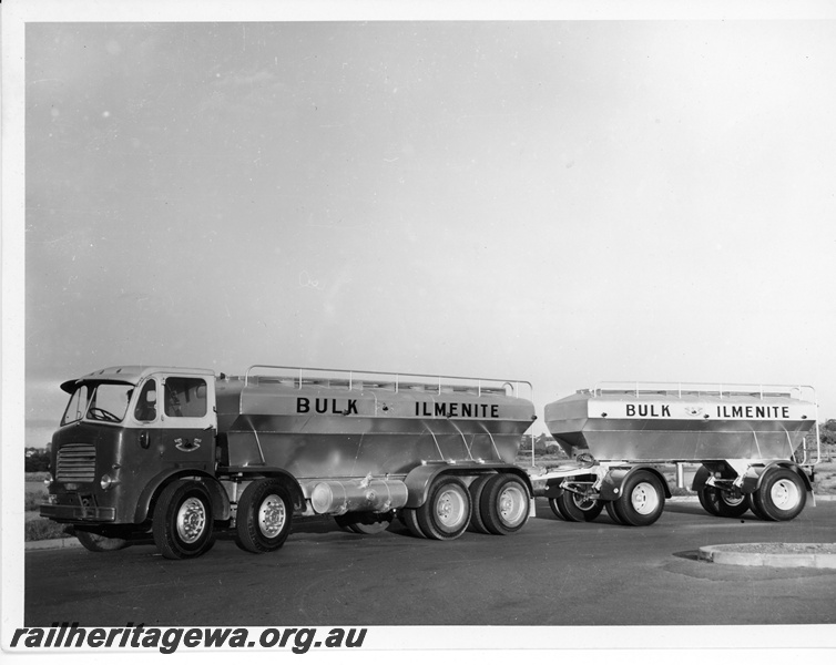 P10723
Leyland Albion 4 axle ilmenite tanker with a 2 axle trailer pictured at Bunbury. These units carried bulk ilmenite from Capel to Bunbury for shipping.
