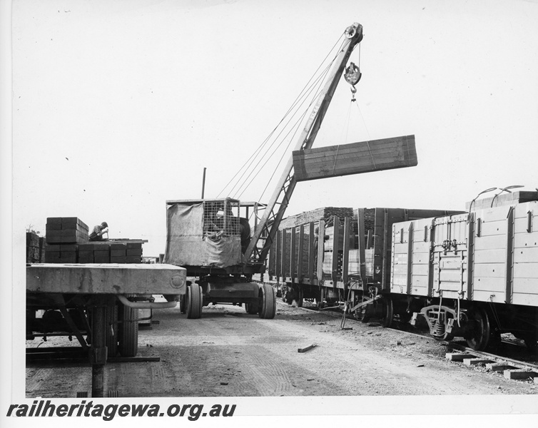 P10774
A mobile crane unloading timber from flat top wagon equipped with side stanchions. Also in the picture is a RC class open wagon. See P10514.
