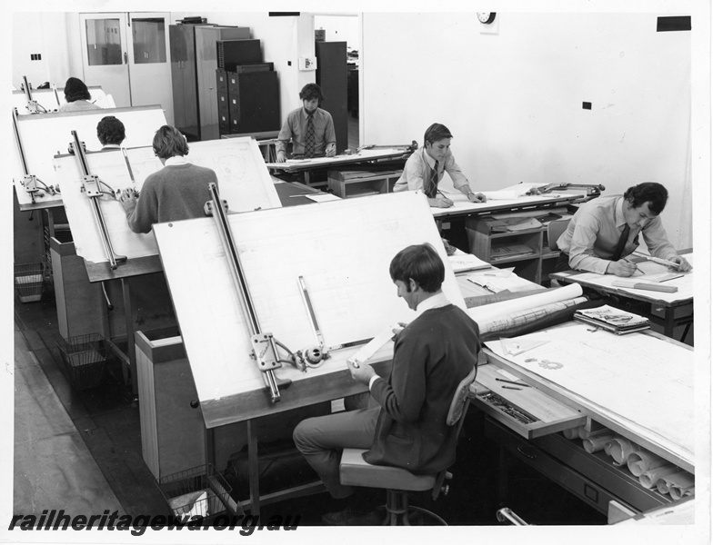 P10781
Drawing office, draughtsmen at drawing boards

