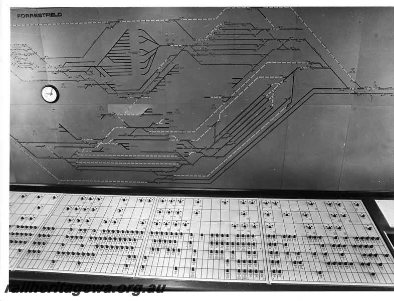 P10782
Signalling diagram and control panel, Forrestfield marshalling yard, c1973

