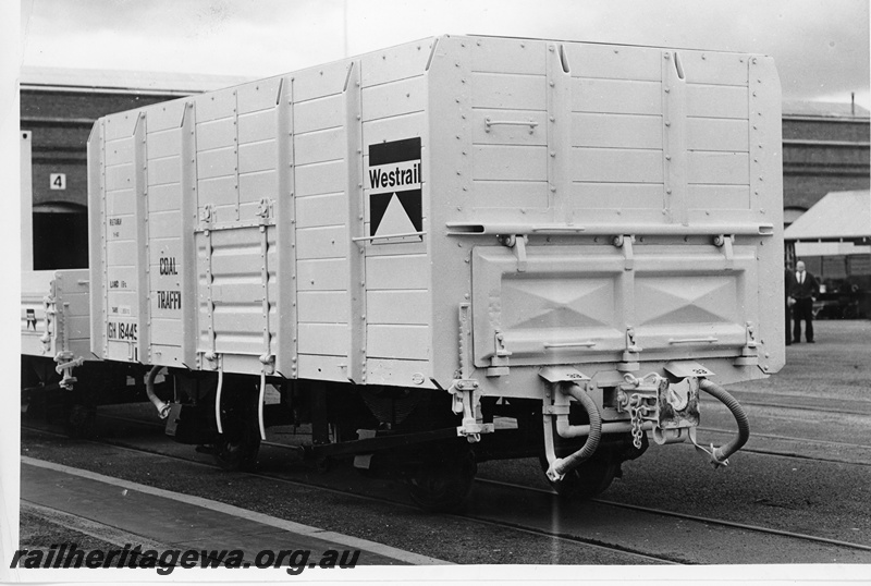 P10831
GH class 18445 coal wagon with Westrail tooth logo, Midland Workshops, side and end view
