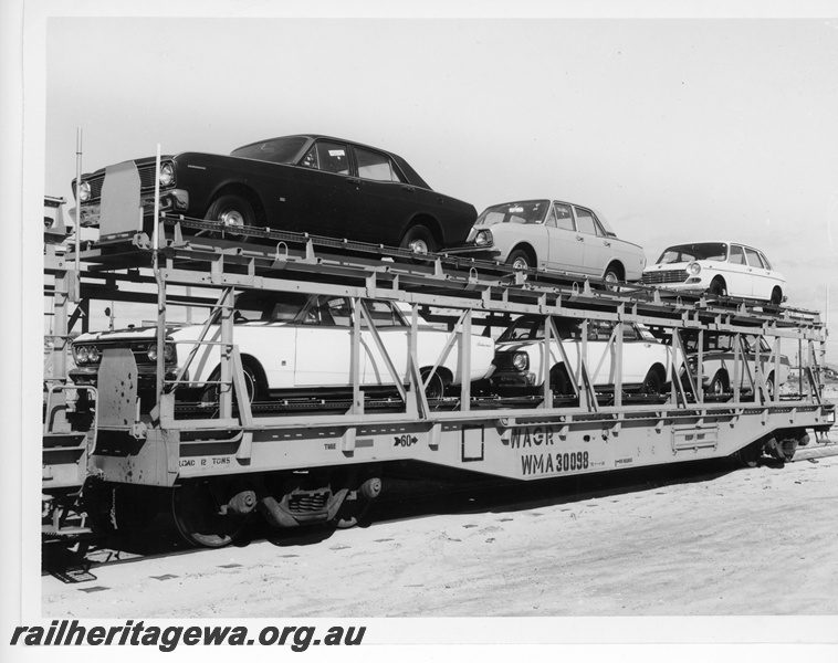 P10842
WMA class 30098 double decker car carrier wagon, loaded with motor cars, end and side view
