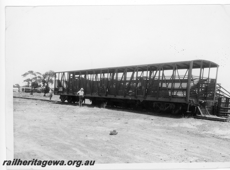 P10880
WAGR Senior Managers inspecting a standard gauge Commonwealth Railways (CR) bogie cattle wagon, designation CC1739. The wagon length was approximately 70feet and had a tare of 28 tons.
