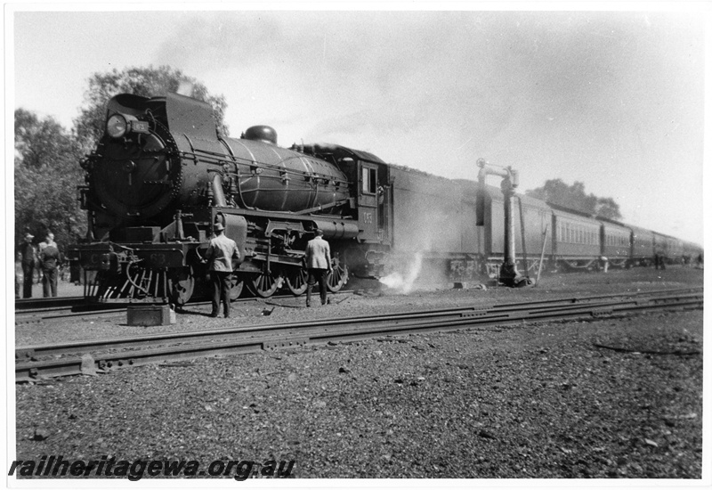 P10889
Commonwealth Railways (CR) C class 63 steam locomotive hauling a eastbound passenger train being serviced at Zanthus.
