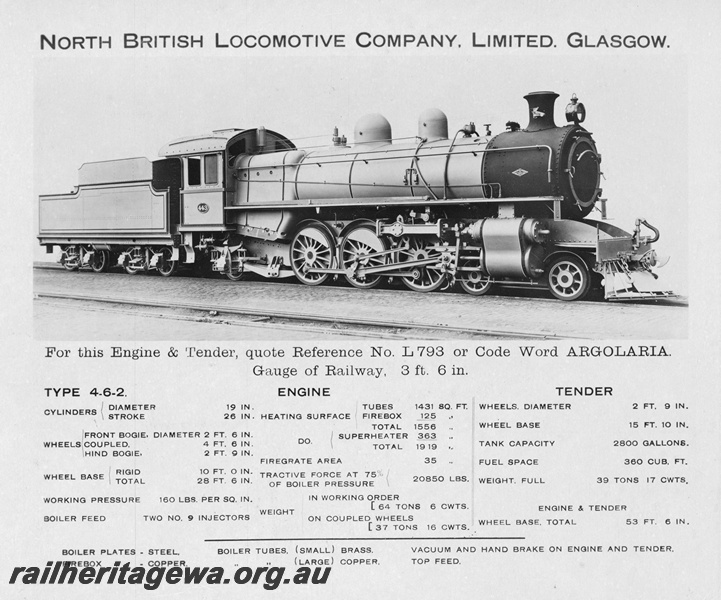 P10914
Builders photograph of Western Australian Government Railways PR class 443 steam locomotive with relevant date applicable to the locomotive.
