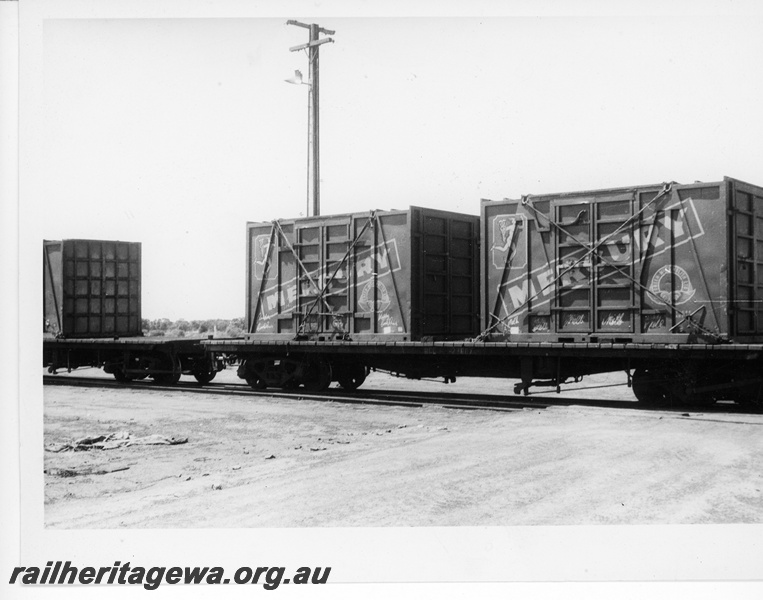 P10955
An unidentified QCL class flat top wagon loaded with 2 Mercury 20 foot containers.
