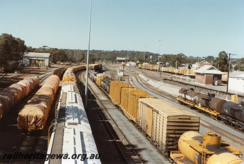 P11060
Yard with lines of wagons, Narrogin, GSR line, elevated looking south showing the tracks on the east side of the yard
