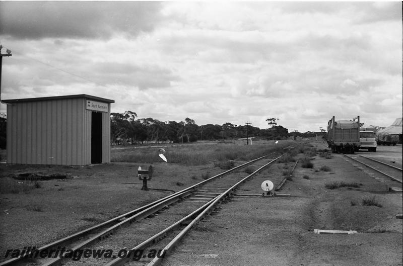P11097
Station shed, point indicator, cheese knob point lever, South Kumminin, NKM line, view along the track
