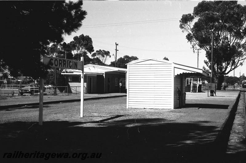P11192
Station building, portable shelter shed, Corrigin, NWM line, view along the station yard.
