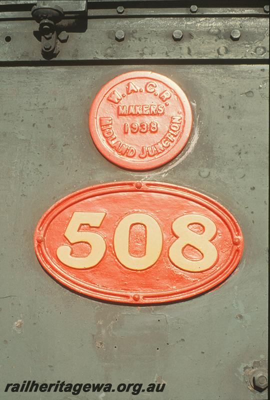 P11296
P class 508, numberplate detail, Narrogin loco shed. GSR line.
