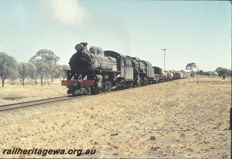 P11308
P class 503, V class 1206 on down goods, up distant signal, two water tanks in background, Brookton. GSR line.
