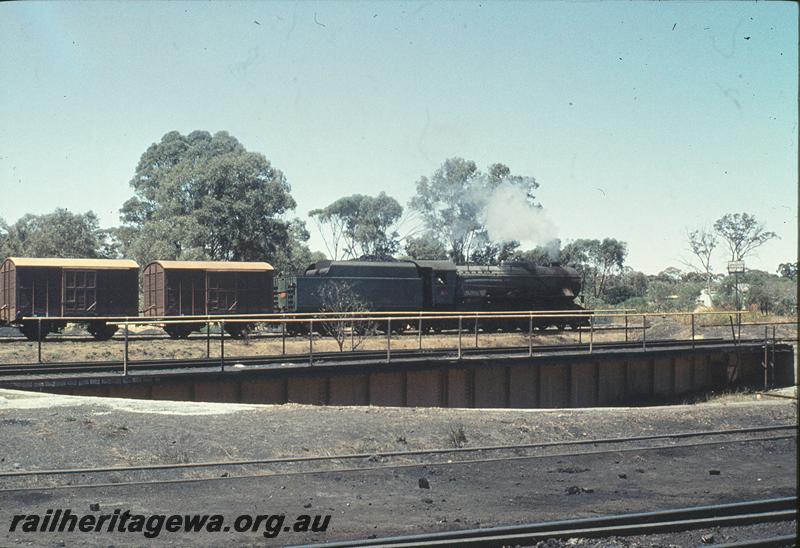 P11310
V class on down goods, departing Narrogin, turntable in foreground. GSR line.
