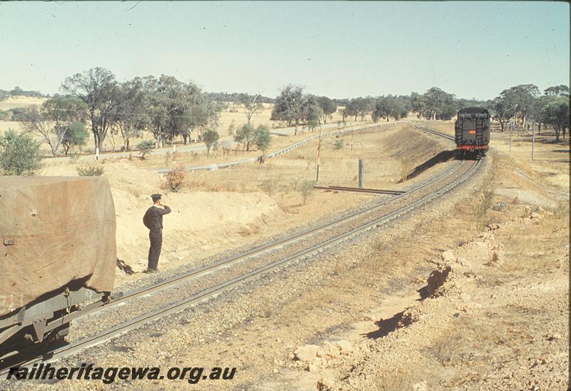 P11316
V class 1216 returning from Narrogin for rear half of train, being signalled by guard. GSR line.
