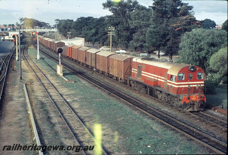 P11442
Subiaco, overall view, east end, sidings, signals, Axon Avenue bridge, signals, F class 40 in MRWA livery on up goods. ER line.
