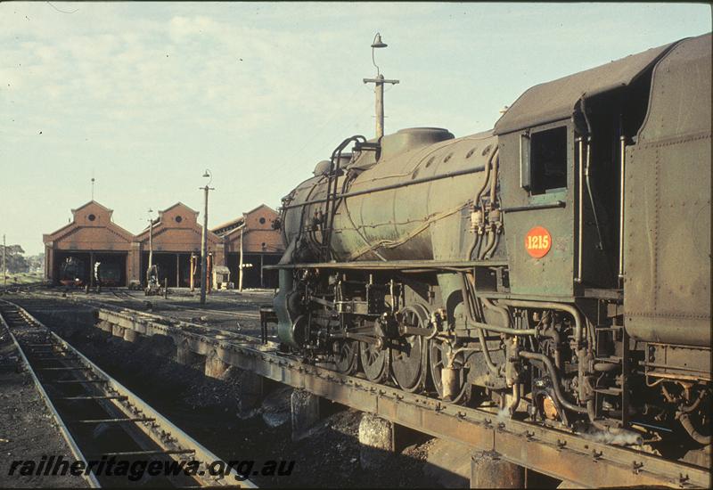 P11722
V class 1215, on ash pit, faade of East Perth loco shed in background. ER line.
