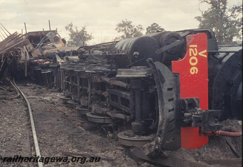 P11971
V class 1206, underside, Mundijong Junction accident, Y class 1105 in background. SWR line.
