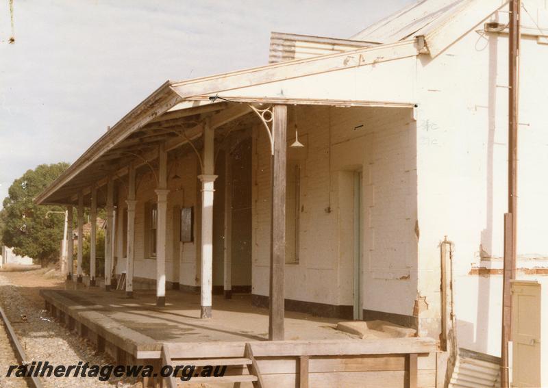 P12039
5 of 10 views of the station building at Gingin, MR line before restoration of the building, view along the platform looking towards Perth end.
