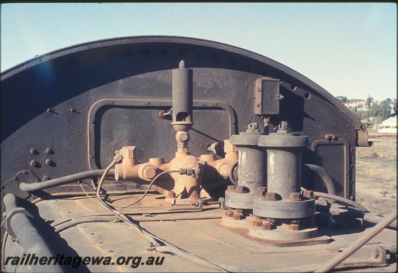 P12135
FS class, safety valves, whistle, top of firebox, Northam loco shed. ER line.
