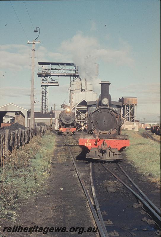 P12182
G class 123, V class 1212, Bunbury loco shed, coaling plant in background. SWR line.
