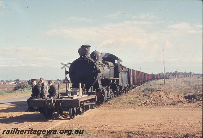 P12187
FS class 454, 1600 ton coal train near Bunbury Powerhouse, smoke from W assisting in rear in background. SWR line.
