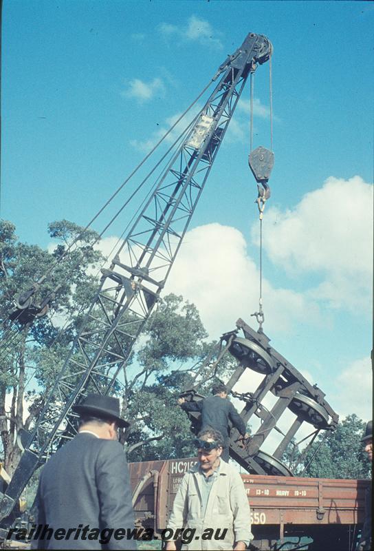 P12228
Lifting bogie into HC class wagon, Gingin accident. MR line.
