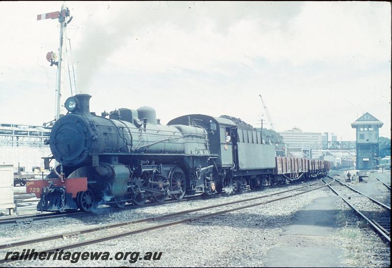 P12327
PMR class 729, signal with shunting dolly, signal box in background, 37 goods, departing East Perth. SWR line.

