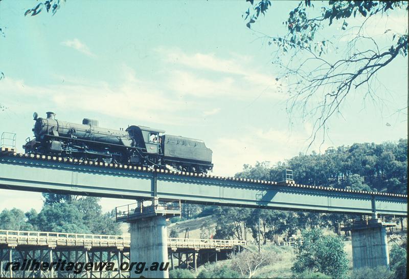 P12434
W class, light engine, on bridge, returning from River Siding to Bridgetown, PP line. Road bridge in background.
