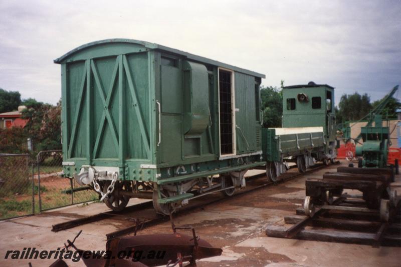 P12566
brakevan, four wheel, green livery, Onslow, end and side view, coupled to a H class wagon and PWD loco PW31
