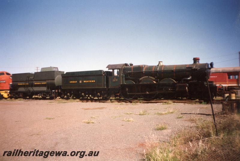 P12568
Pendennis Castle 4-6-0 loco Castle class 4079, Pilbara Railway Historical Society yard at Six Mile, Dampier, side view
