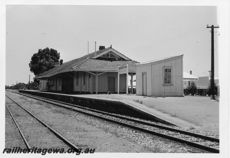 P13209
Station buildings, Out of Shed on platform, Brookton, GSR line, view across the yard looking north.

