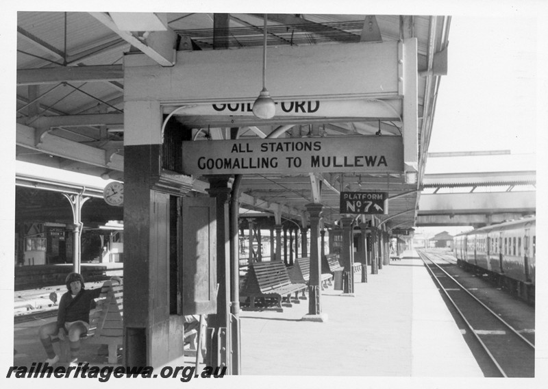P13218
7 of 23 views of the destination boards on the platforms of Perth Station. These boards were removed on 4th and 5th of December, 1982. 