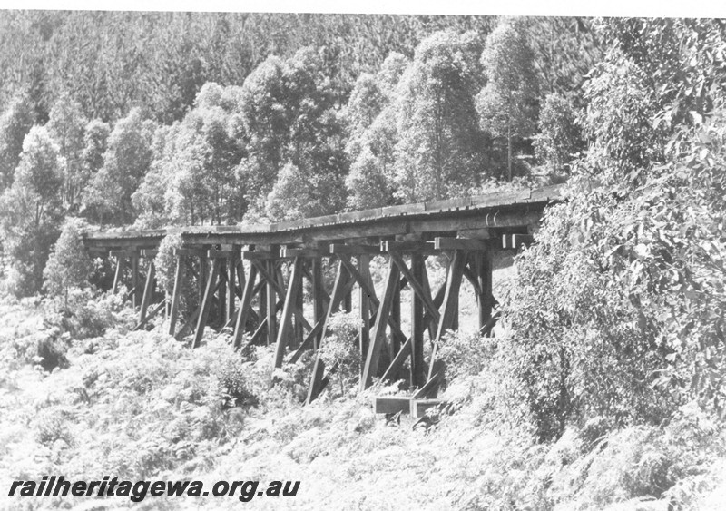 P13242
Trestle bridge, Kauri timber Co.'s Uranium Road Bridge, near Nannup, view along the bridge
