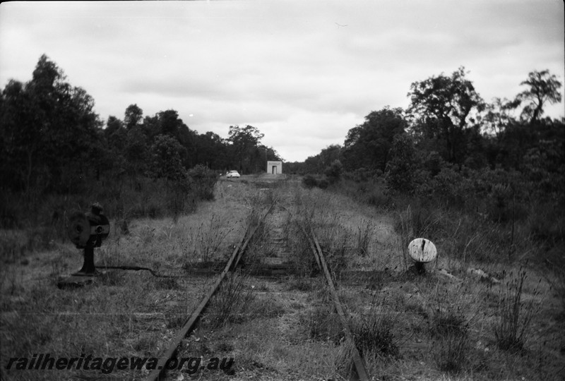 P13328
Pont indicator, siding, derelict, Quindalup, BB line, view along the track 
