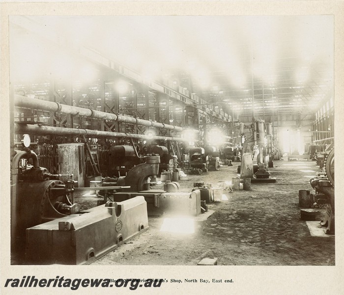 P13374
18 of 67 views taken from an album of photos of the Midland Workshops c1905. Block two, - Interior Smith's Shop, North Bay, East End
