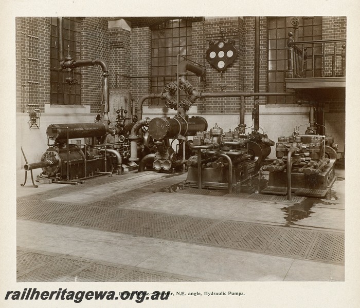 P13396
40 of 67 views taken from an album of photos of the Midland Workshops c1905. Power House, - Interior, N.E. Angle, Hydraulic Pumps.
