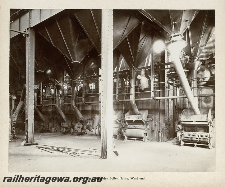 P13398
42 of 67 views taken from an album of photos of the Midland Workshops c1905. Power house, - Interior Boiler House. West End.

