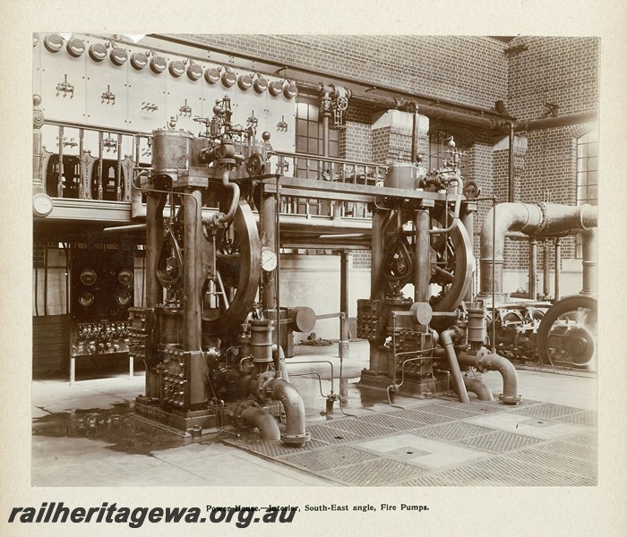 P13399
43 of 67 views taken from an album of photos of the Midland Workshops c1905. Power house, - Interior, South East Angle, Fire Pumps.
