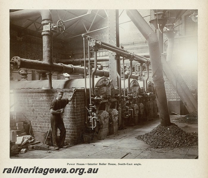 P13400
44 of 67 views taken from an album of photos of the Midland Workshops c1905. Power house, - Interior Boiler house, South East Angle.
