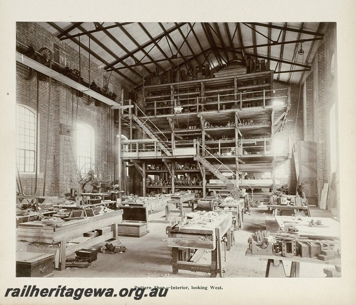P13402
46 of 67 views taken from an album of photos of the Midland Workshops c1905. Pattern Shop, - Interior, Looking west.
