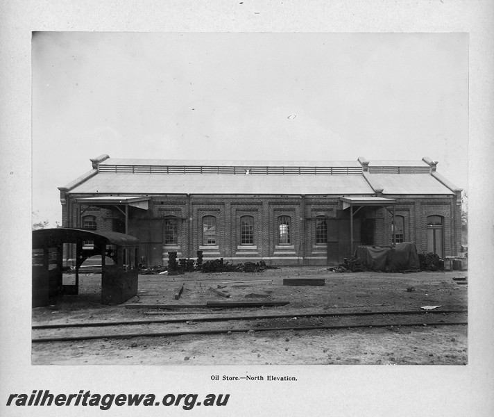 P13414
58 of 67 views taken from an album of photos of the Midland Workshops c1905. Oil Store, - North elevation.
